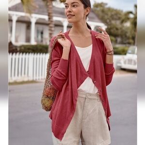 Garnet Hill Easy Linen Drape-Front Cardigan In Washes Ruby Size XL
